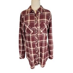 Fitz & Eddi Size Medium Women's Burgundy Plaid Long Sleeve Button Down Pockets
